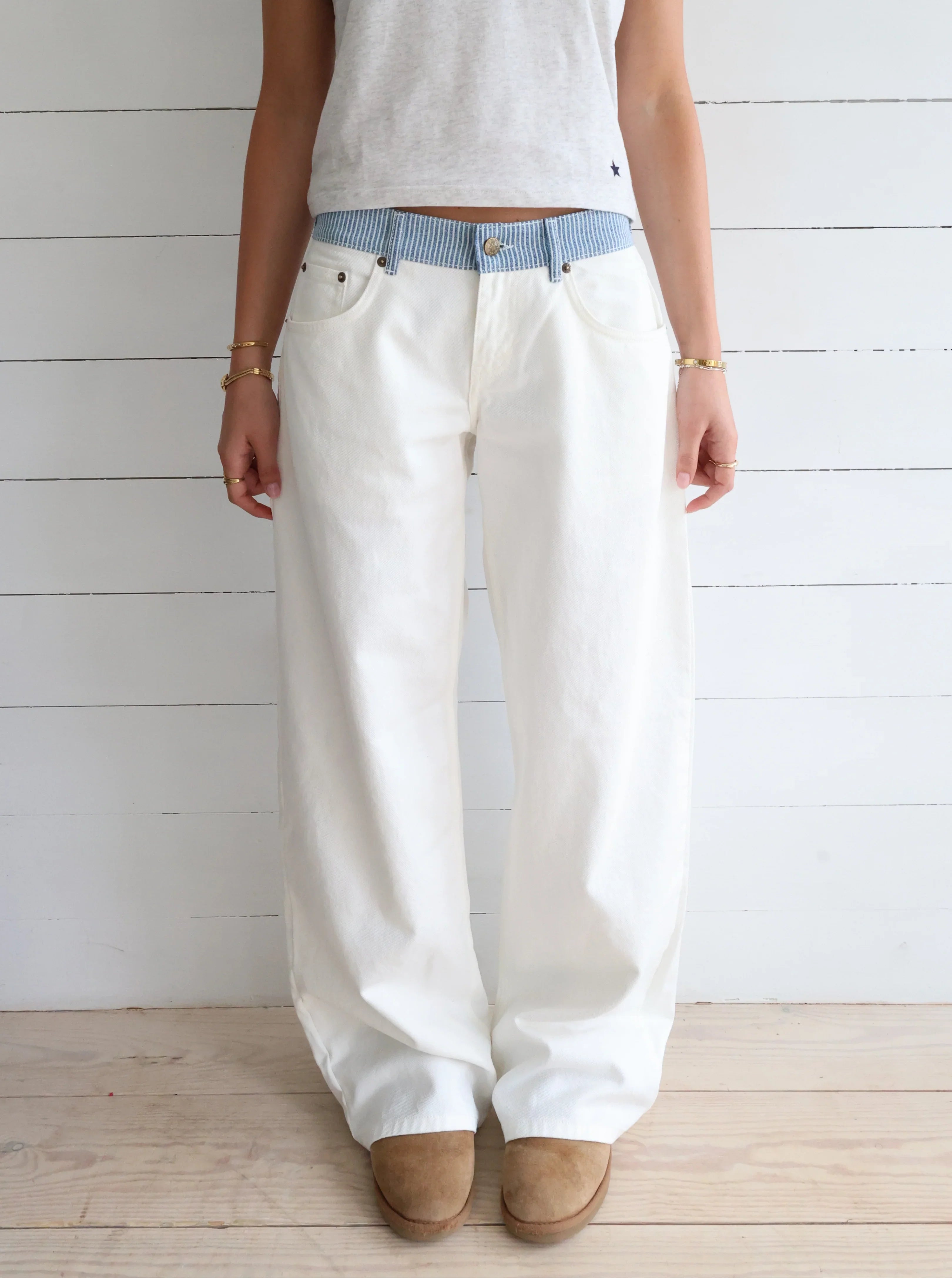 Wide-leg white jeans with contrast waistband - Edel Essential