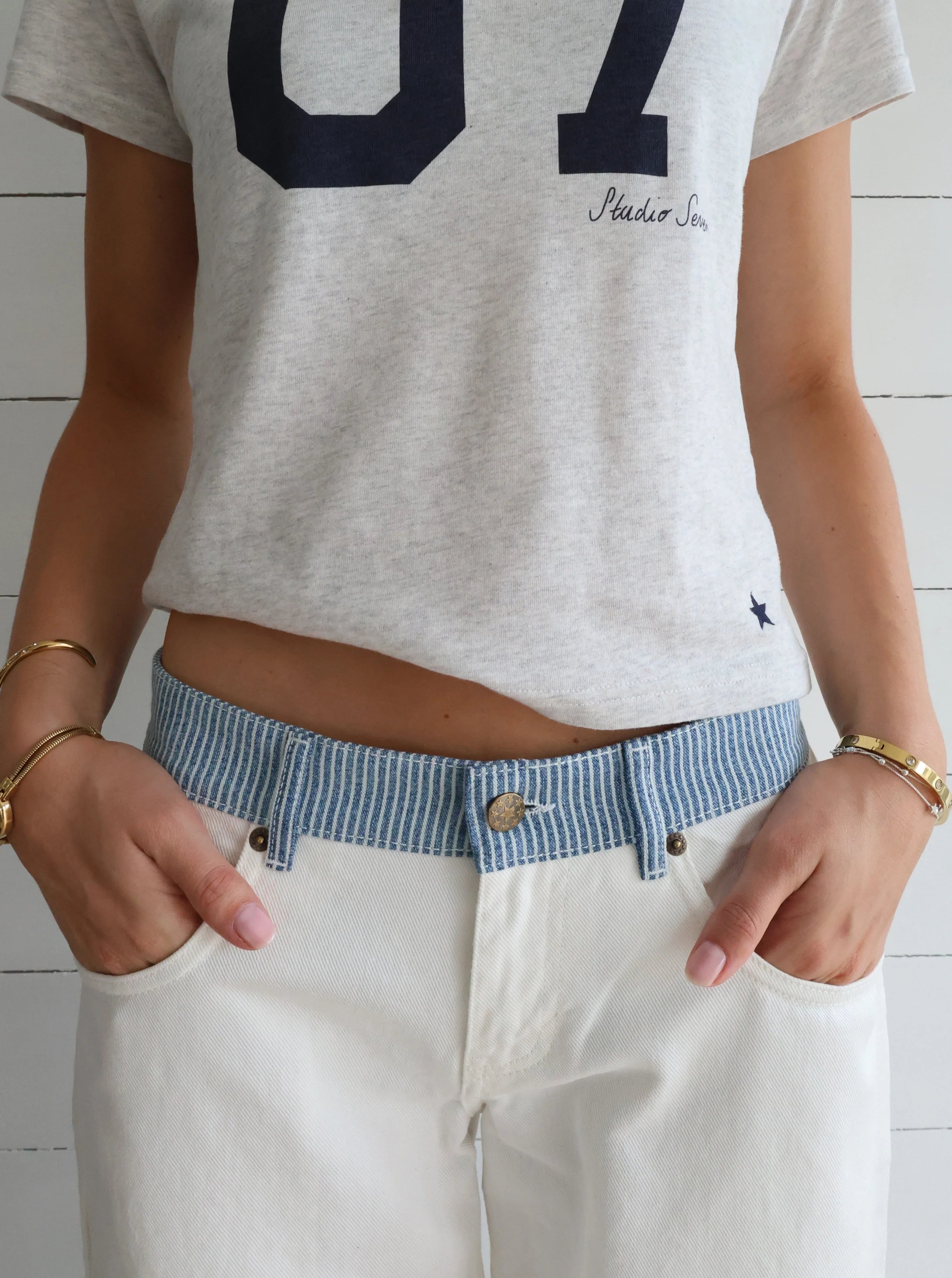 Wide-leg white jeans with contrast waistband - Edel Essential