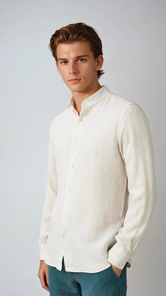 Linen Band Collar Shirt Beige - Edel Essential