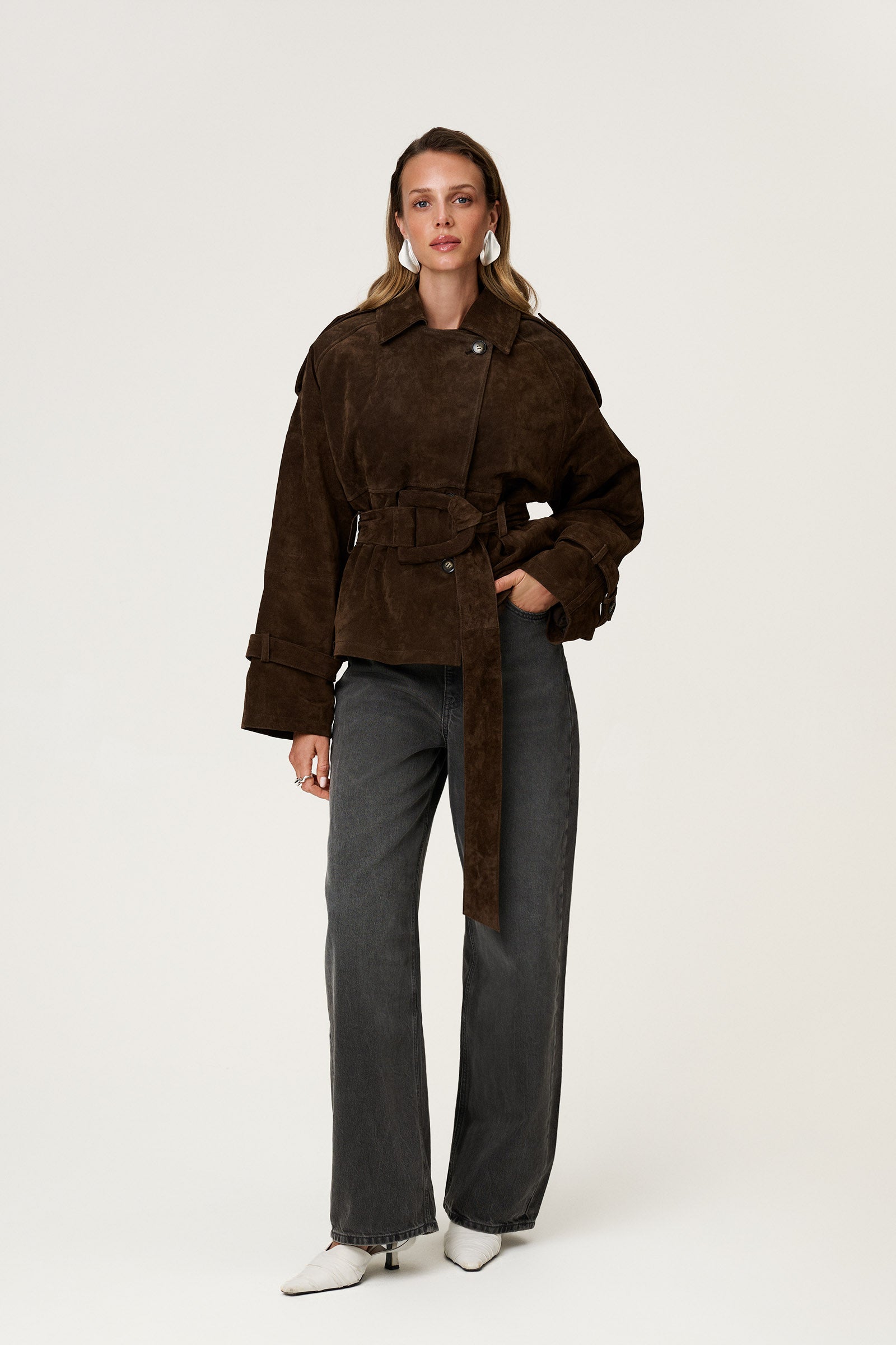 Suede Cropped Trench Coat - Edel Essential