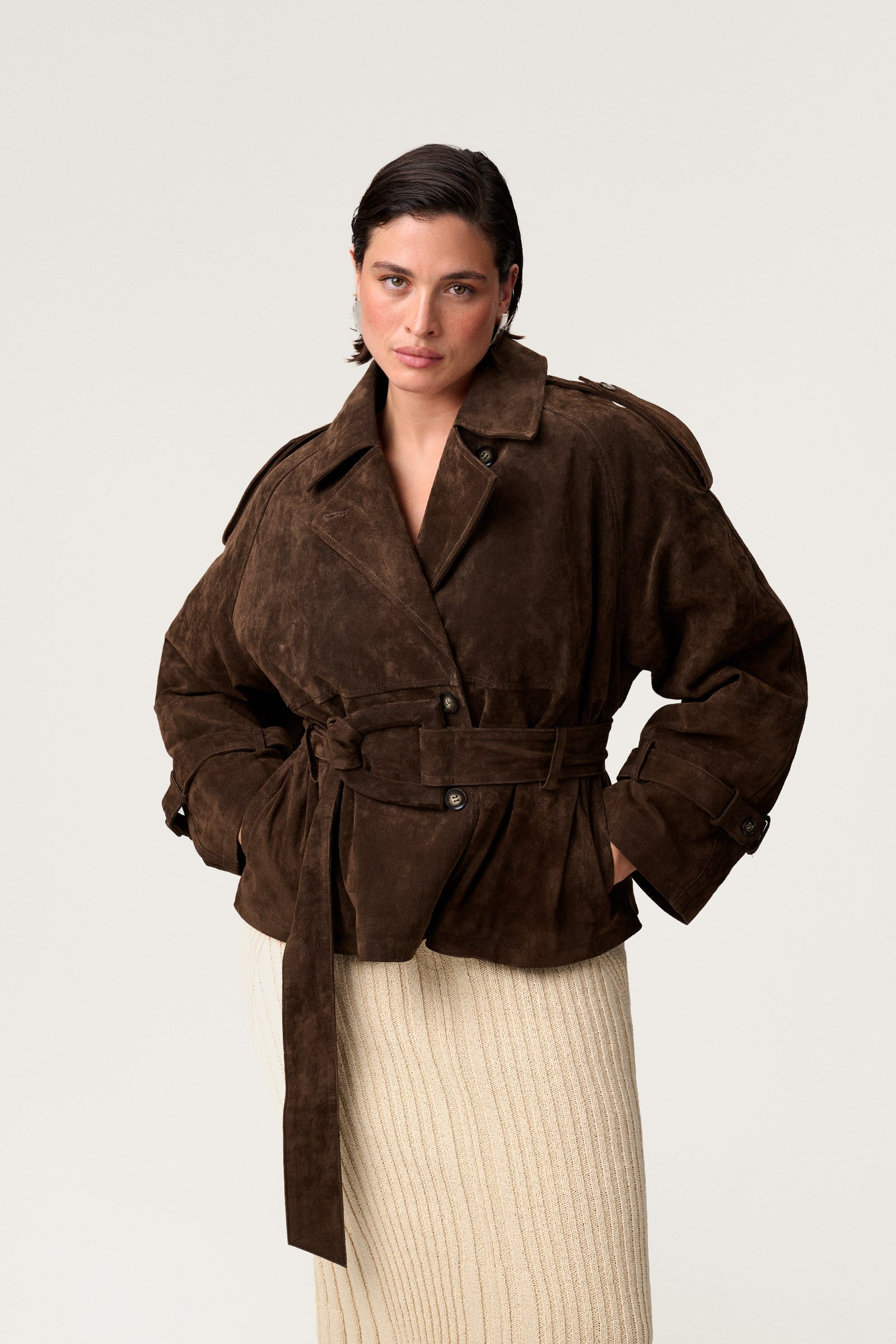 Suede Cropped Trench Coat - Edel Essential